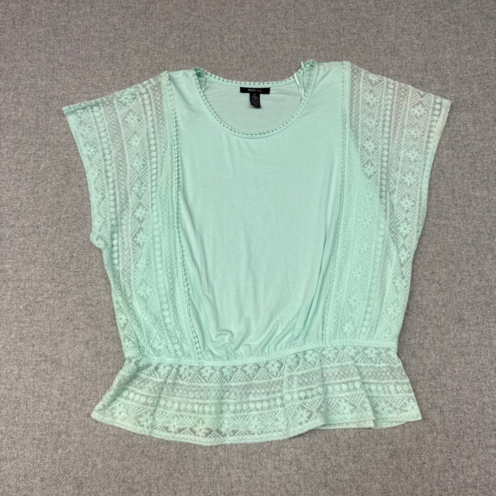 Style & Co Blouse XL Mint Green Lace Panel Elastic Waist Peplum Short Sleeve Top